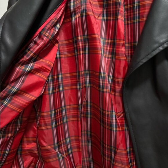 Tommy Hilfiger Black Faux Leather Motorcycle Jacket with Red Plaid Lining - Picture 3 of 5